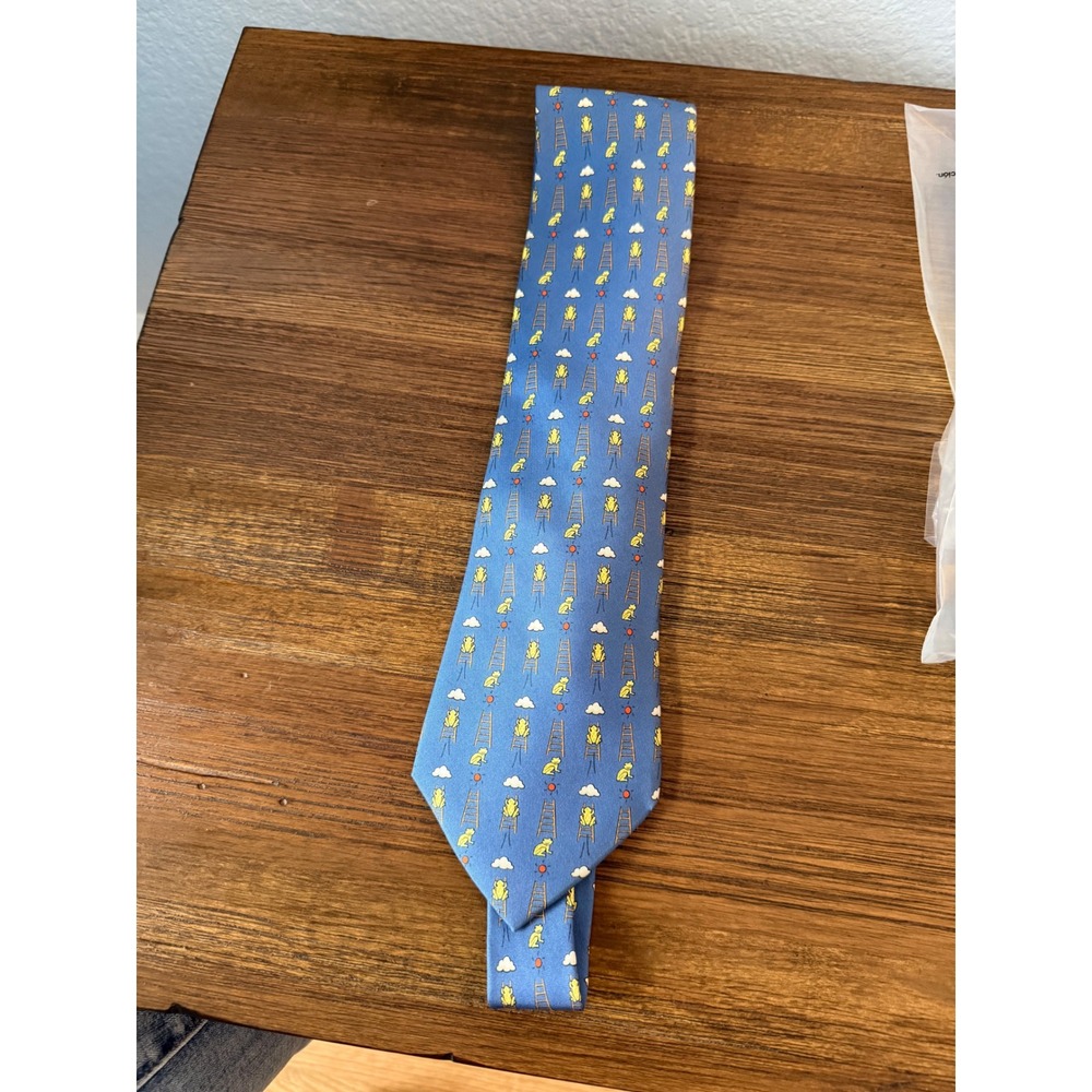 Hermes Paris Mens Silk Tie Blue Frog Ladder Novelty Print 7860 UA Made in France